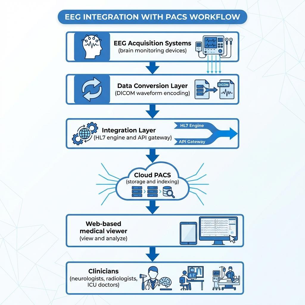 Workflow diagram of EEG data integration into cloud PACS system with clinical access